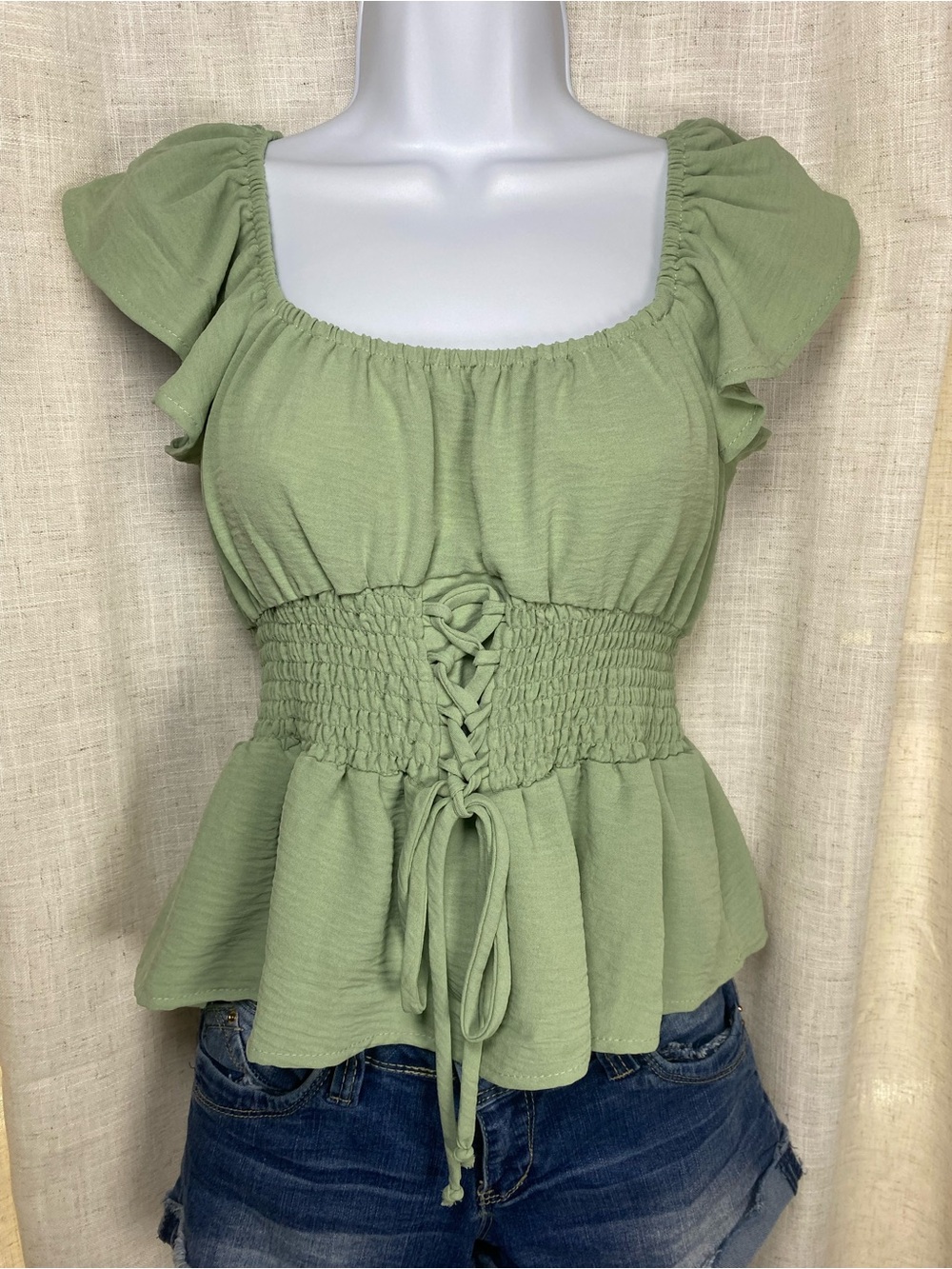 Pie In The Sky Sage Green Smocked Corset Top Ruffle Flutter Sleeve Peplum Small